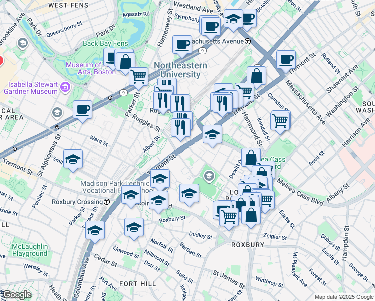 map of restaurants, bars, coffee shops, grocery stores, and more near in Boston