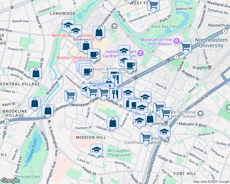 map of restaurants, bars, coffee shops, grocery stores, and more near in Boston
