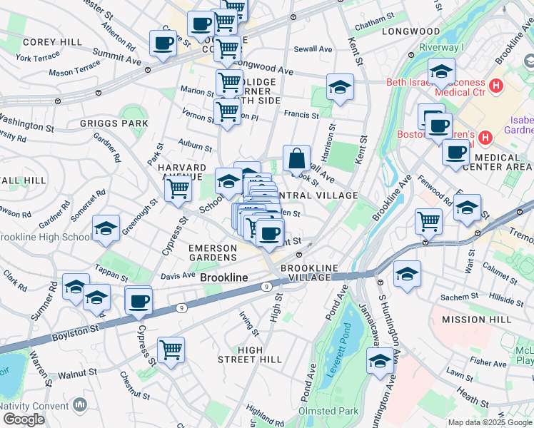 map of restaurants, bars, coffee shops, grocery stores, and more near 15 Linden Street in Brookline