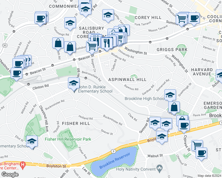 map of restaurants, bars, coffee shops, grocery stores, and more near 46 Beaconsfield Road in Brookline