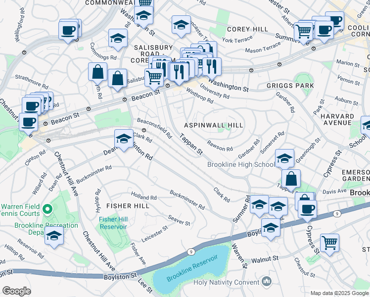 map of restaurants, bars, coffee shops, grocery stores, and more near 46 Beaconsfield Road in Brookline