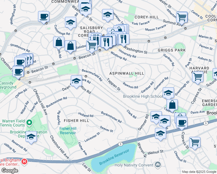 map of restaurants, bars, coffee shops, grocery stores, and more near 46 Beaconsfield Road in Brookline
