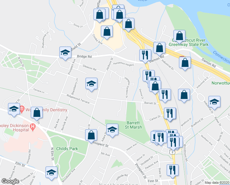 map of restaurants, bars, coffee shops, grocery stores, and more near 99 Barrett Street in Northampton
