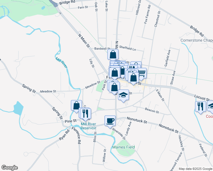 map of restaurants, bars, coffee shops, grocery stores, and more near 57 Park Street in Northampton