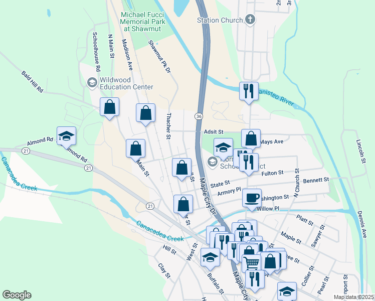 map of restaurants, bars, coffee shops, grocery stores, and more near 56-58 Kansas Avenue in Hornell