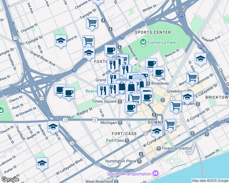 map of restaurants, bars, coffee shops, grocery stores, and more near 220 Bagley Street in Detroit