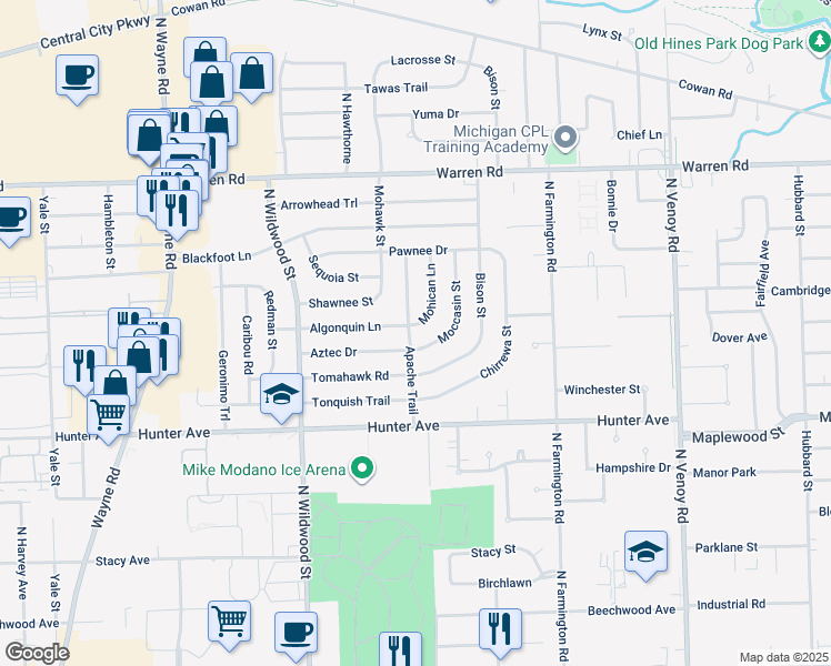 map of restaurants, bars, coffee shops, grocery stores, and more near 34029 Algonquin Street in Westland