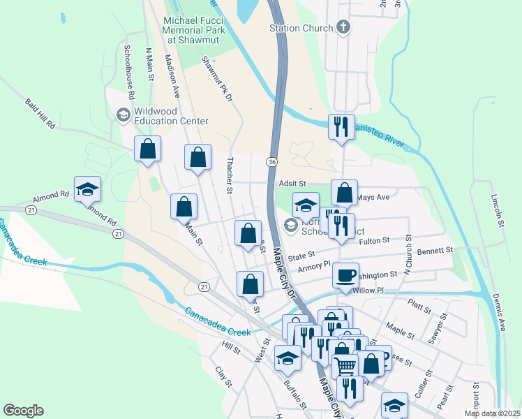 map of restaurants, bars, coffee shops, grocery stores, and more near 56-58 Kansas Avenue in Hornell