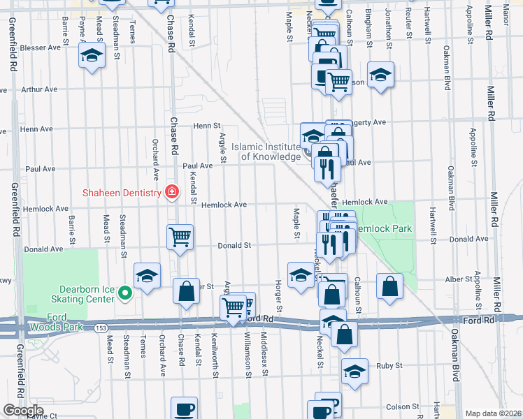 map of restaurants, bars, coffee shops, grocery stores, and more near 6140 Middlesex Street in Dearborn