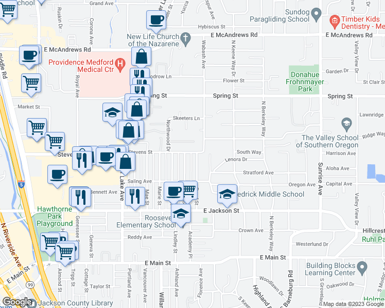 map of restaurants, bars, coffee shops, grocery stores, and more near 1228 Stevens Street in Medford