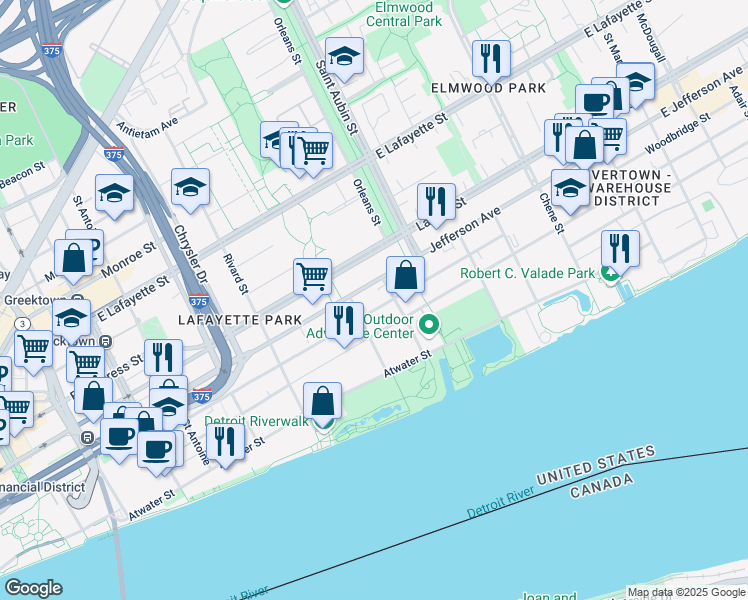 map of restaurants, bars, coffee shops, grocery stores, and more near 1534 East Jefferson Avenue in Detroit