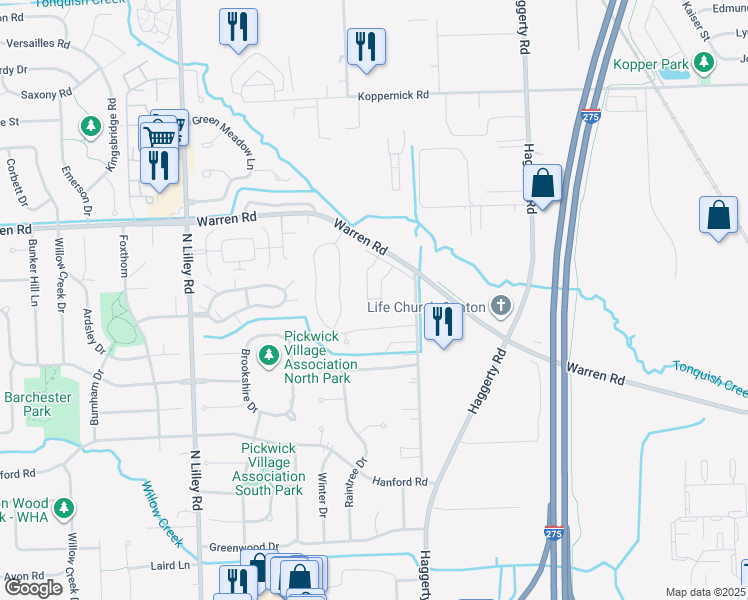map of restaurants, bars, coffee shops, grocery stores, and more near 7042 Copper Creek Circle in Canton