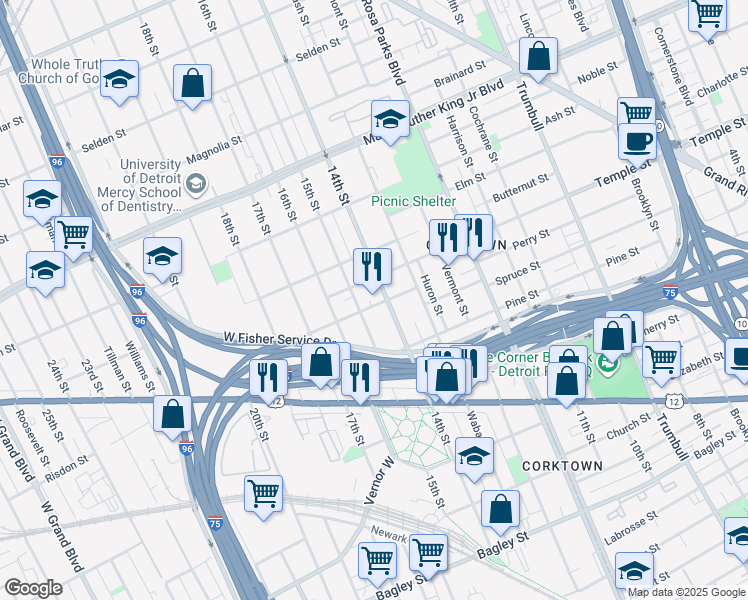 map of restaurants, bars, coffee shops, grocery stores, and more near 2200 Perry Street in Detroit