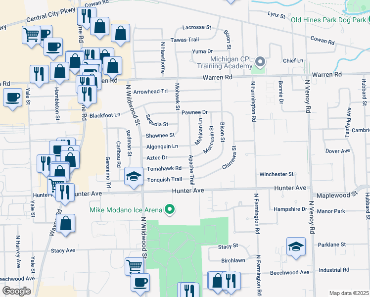 map of restaurants, bars, coffee shops, grocery stores, and more near 34029 Algonquin Street in Westland
