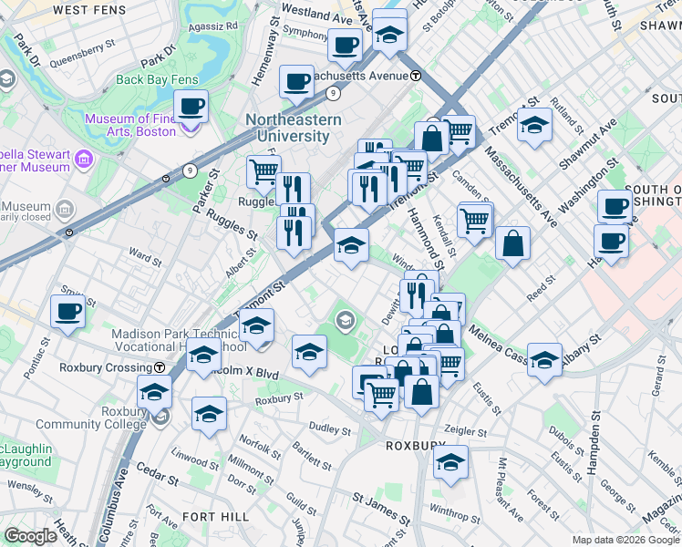 map of restaurants, bars, coffee shops, grocery stores, and more near 28 Raynor Circle in Boston