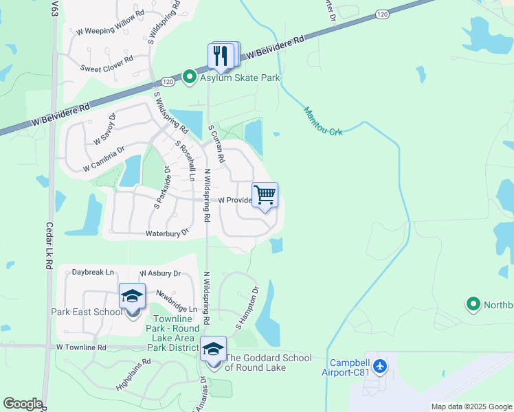 map of restaurants, bars, coffee shops, grocery stores, and more near 73 West Providence Lane in Round Lake