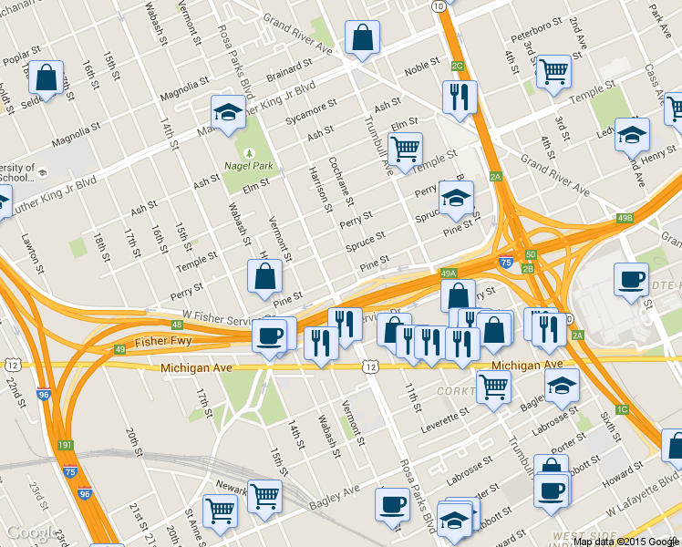 map of restaurants, bars, coffee shops, grocery stores, and more near 1832 Pine St in Detroit