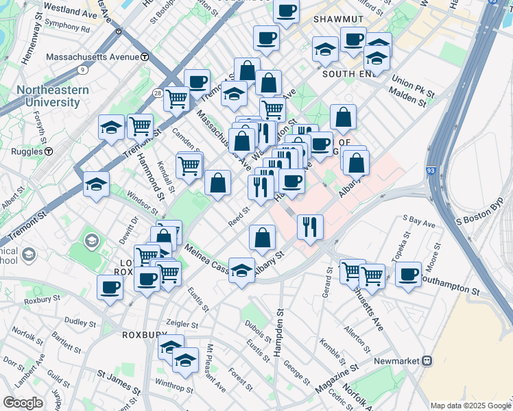 map of restaurants, bars, coffee shops, grocery stores, and more near 62-64 Northampton Street in Boston