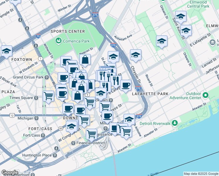 map of restaurants, bars, coffee shops, grocery stores, and more near 3411 East Lafayette Street in Detroit