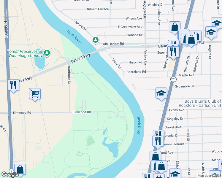 map of restaurants, bars, coffee shops, grocery stores, and more near 5151 Browns Beach Road in Rockford
