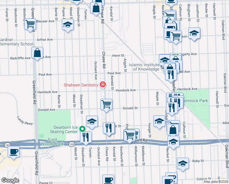 map of restaurants, bars, coffee shops, grocery stores, and more near 6131 Kendal Street in Dearborn