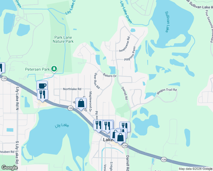 map of restaurants, bars, coffee shops, grocery stores, and more near 423 Willow Road in Lakemoor