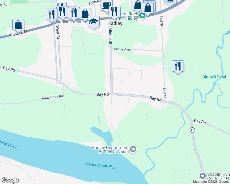 map of restaurants, bars, coffee shops, grocery stores, and more near 94 Bay Road in Hadley