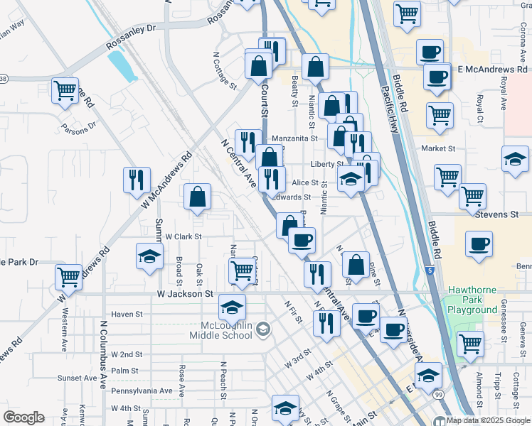 map of restaurants, bars, coffee shops, grocery stores, and more near 913 North Central Avenue in Medford
