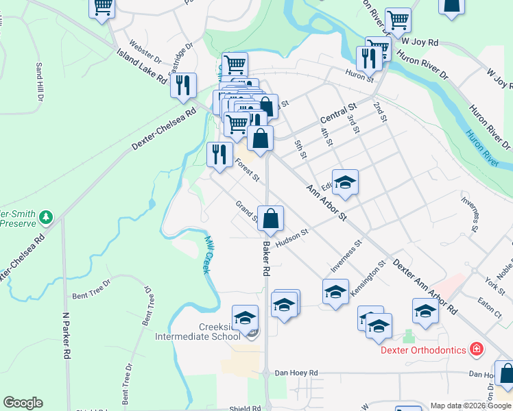 map of restaurants, bars, coffee shops, grocery stores, and more near 3045 Baker Road in Dexter