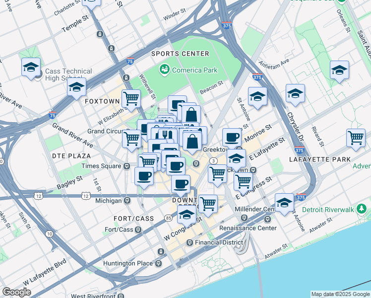 map of restaurants, bars, coffee shops, grocery stores, and more near 1001 Library Street in Detroit