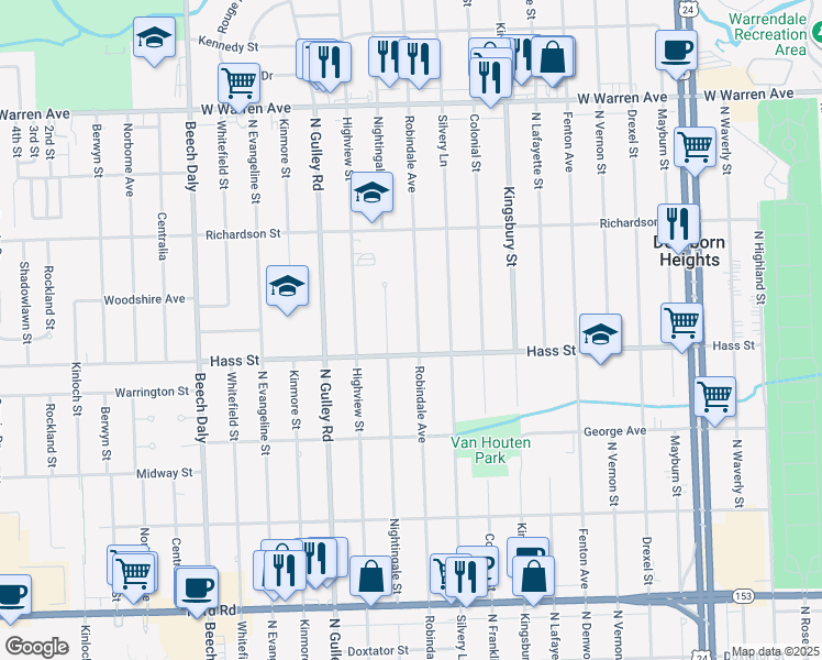 map of restaurants, bars, coffee shops, grocery stores, and more near 6441 Robindale Avenue in Dearborn Heights