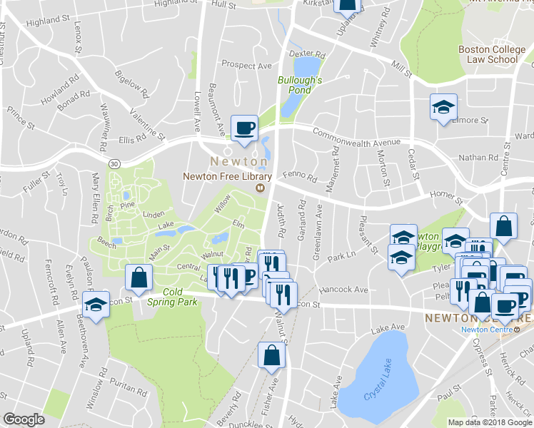map of restaurants, bars, coffee shops, grocery stores, and more near 774 Walnut Street in Newton