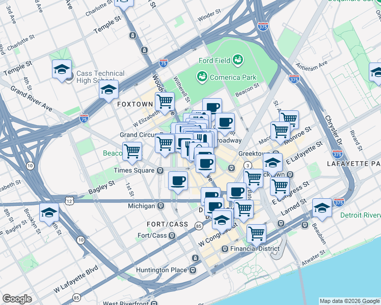 map of restaurants, bars, coffee shops, grocery stores, and more near in Detroit