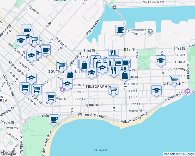 map of restaurants, bars, coffee shops, grocery stores, and more near East 4th Street & I Street in Boston