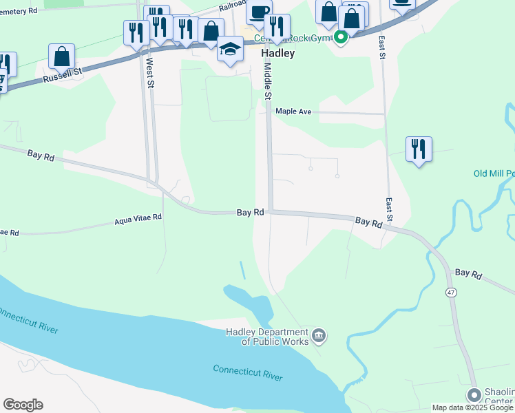 map of restaurants, bars, coffee shops, grocery stores, and more near 109 Aqua Vitae Road in Hadley