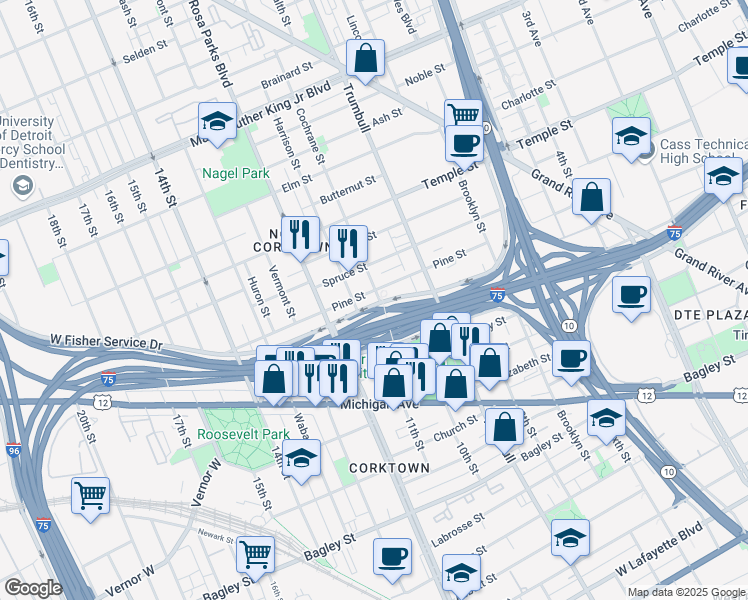 map of restaurants, bars, coffee shops, grocery stores, and more near 2533 Cochrane Street in Detroit
