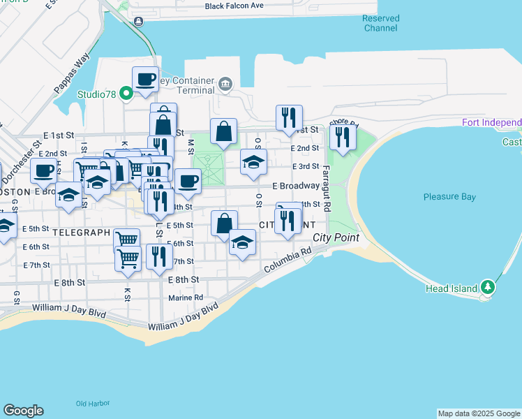 map of restaurants, bars, coffee shops, grocery stores, and more near 107 O Street in Boston