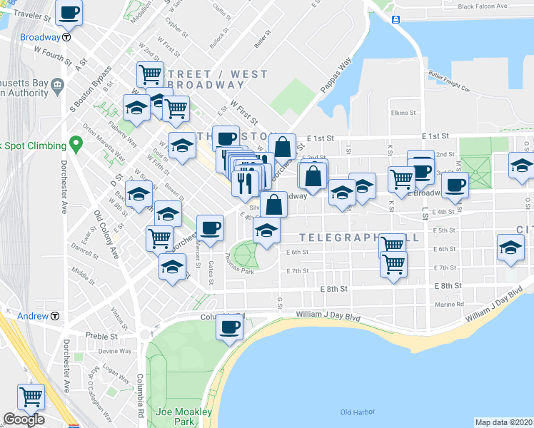 map of restaurants, bars, coffee shops, grocery stores, and more near 43 G Street in Boston