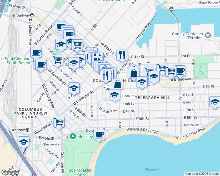 map of restaurants, bars, coffee shops, grocery stores, and more near 475 East 4th Street in Boston