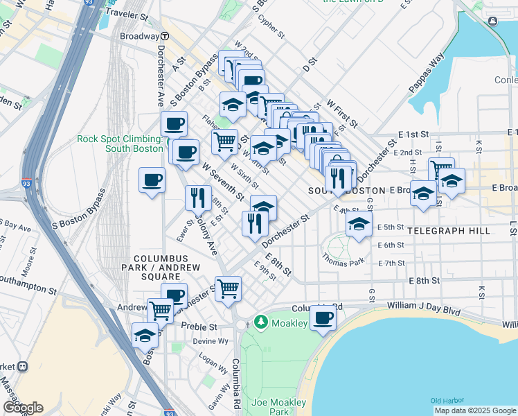 map of restaurants, bars, coffee shops, grocery stores, and more near 52 F Street in Boston