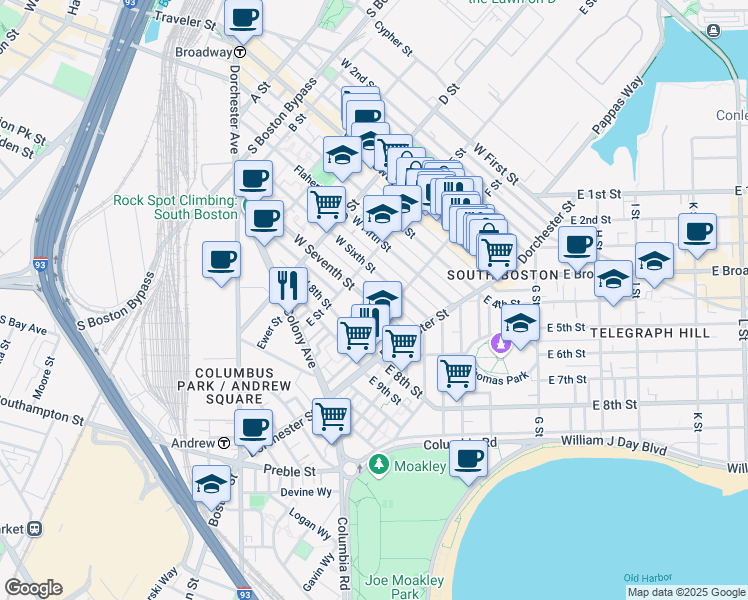 map of restaurants, bars, coffee shops, grocery stores, and more near 52 F Street in Boston
