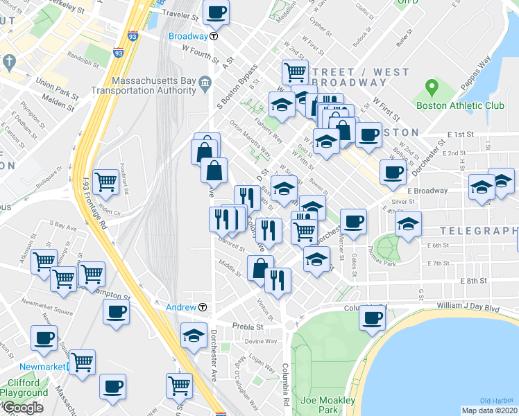 map of restaurants, bars, coffee shops, grocery stores, and more near 188 E Street in Boston