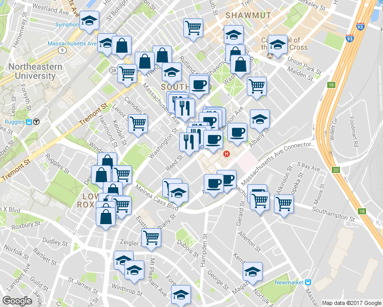 map of restaurants, bars, coffee shops, grocery stores, and more near 62-64 Northampton Street in Boston