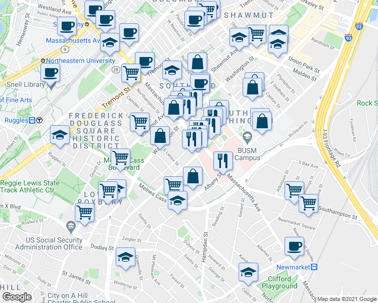 map of restaurants, bars, coffee shops, grocery stores, and more near 62-64 Northampton Street in Boston