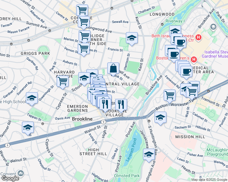 map of restaurants, bars, coffee shops, grocery stores, and more near 45 Linden Street in Brookline