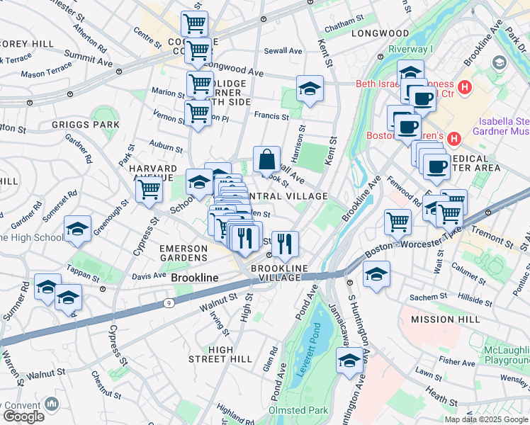 map of restaurants, bars, coffee shops, grocery stores, and more near 45 Linden Street in Brookline