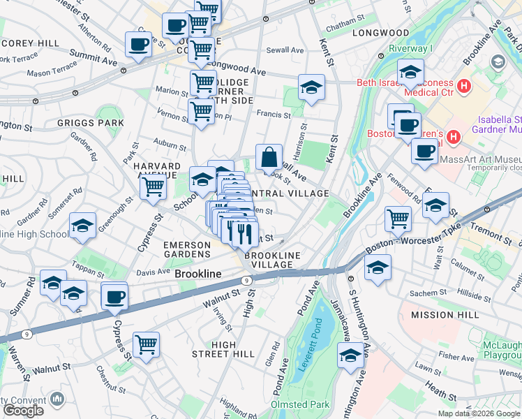 map of restaurants, bars, coffee shops, grocery stores, and more near 15 Linden Street in Brookline