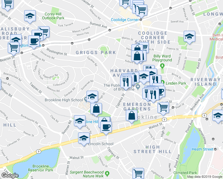 map of restaurants, bars, coffee shops, grocery stores, and more near 34 Greenough Street in Brookline