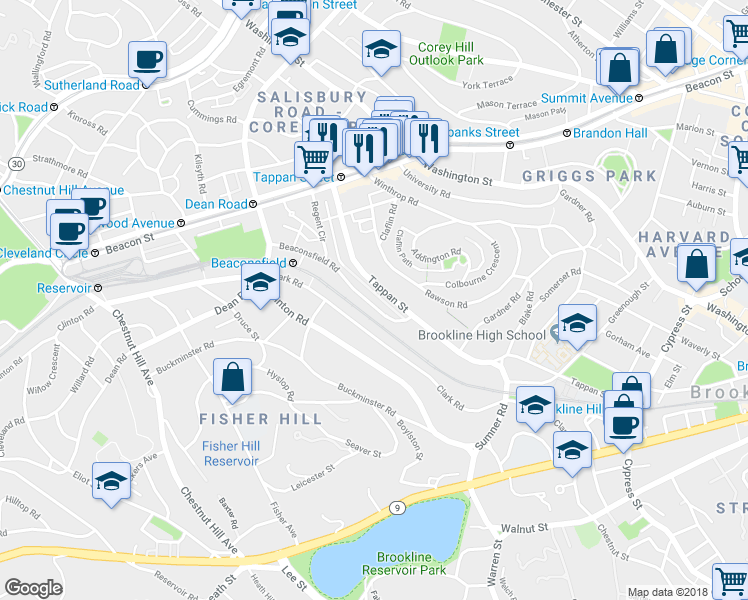 map of restaurants, bars, coffee shops, grocery stores, and more near 46 Beaconsfield Road in Brookline
