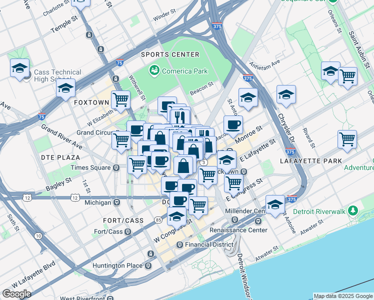 map of restaurants, bars, coffee shops, grocery stores, and more near 225 Gratiot Avenue in Detroit